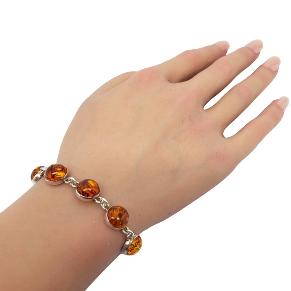 Sterling Silver Amber Round Link Bracelet #20942 - Picture 1 of 10